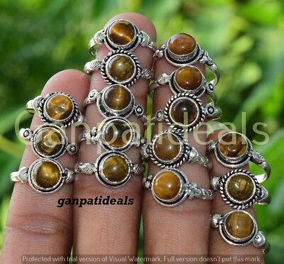 Bulk !! Tiger Eye Gemstone Ring 5pcs Wholesale Lots 925 Silver Plated Jewelry