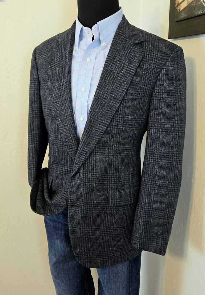 Chaqueta Abrigo Deportivo De Colección Corbin EE. UU. Tweed Azul Gris A Cuadros Hombres 40L 2 Botones Foto 2 de 4