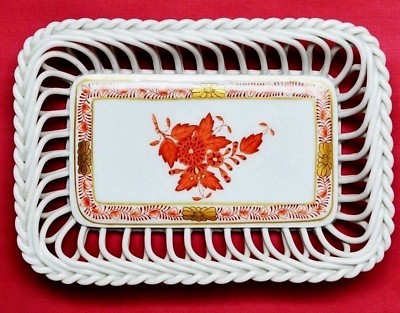 Herend Porzellan Schale Apponyi orange gebörtelt 17 x 12 cm Durchbruchschale