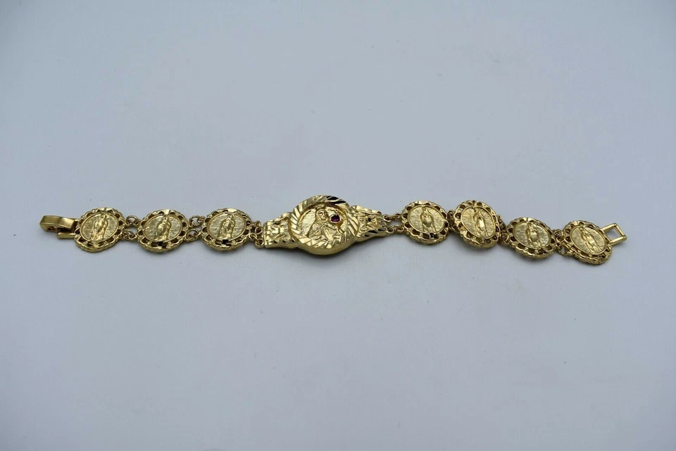 BRAZALETE 8 PULGADAS 14KT HGE VIRGEN MARÍA CON PIEDRA ROJA PESA MÁS DE 24 GRAMOS B-216 Foto 2 de 2