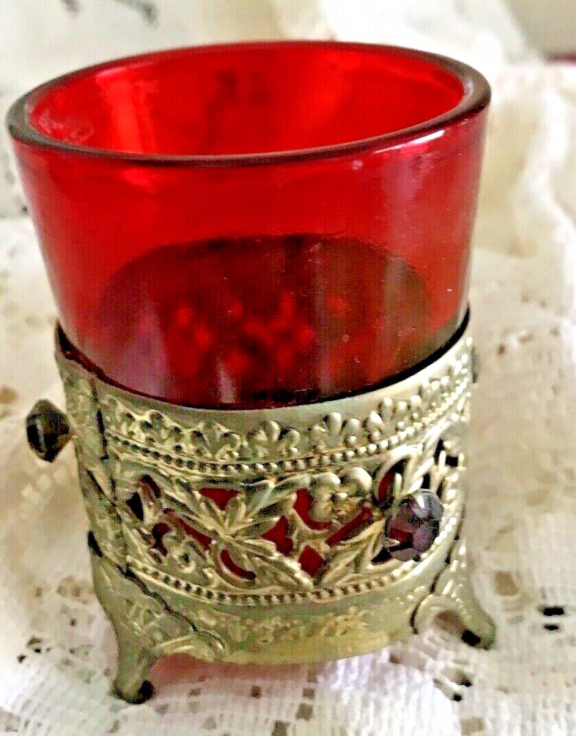 Vintage Votive Candle Holder Brass Color Metal Embossed Red Stone