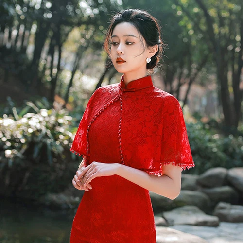 Lady Midi Evening Party Prom Red Lace Cheongsam Retro Cape Shoulder Qipao Dress - Picture 10 of 17