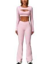 2 Piece Workout Sets for Seamless High Waist Flare Leggings Yoga Long Sleeve ...