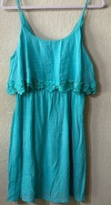 Altar’d State Women’s Blue Linen Sundress Crochet Floral Trim Boho Festival Larg