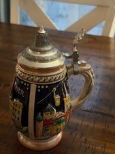 Bavaria Germany Beer Stein Lithograph Lidded, Ao 1742 Pewter Lid 10 1/2" Tall