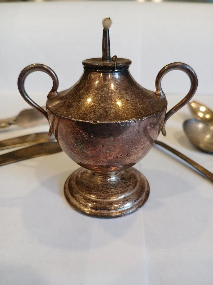 9 Items Silver Plate & Sterling Spoons, Fork, Knives, Mini Oil Lamp - Image 2 of 4