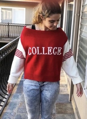 Judith March Red White College Letterman Sweater Knit Top Small