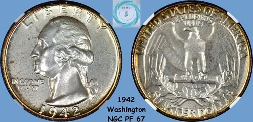 1942 Washington Quarter NGC PF 67 - Amber & Lime Gold!!!