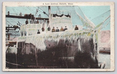Late Arrival Ice Covered Ship Lake Superior Duluth MN C1924 Postcard AJ6