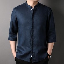 Men's Linen Blend Stand Collar Shirts 34 Sleeve Casual Shirt Autumn Spring Tops