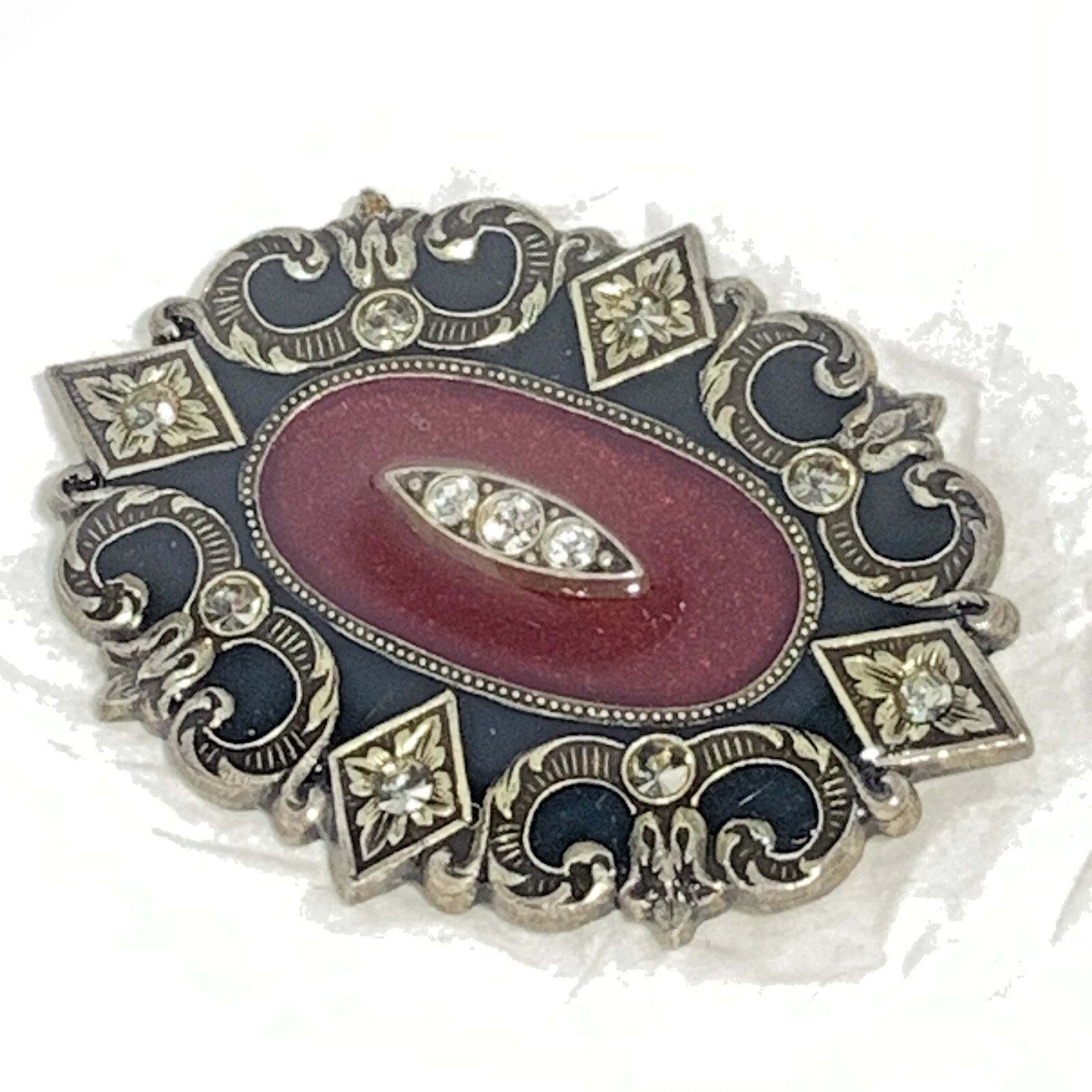 Vintage Catherine Popesca Pink Black Enamel Pin Clear Rhinestone Oval France