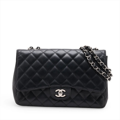 Chanel DEKAMATRASSE 30 Large Caviar Skin Single Flap Double Chain Bag Black Silv