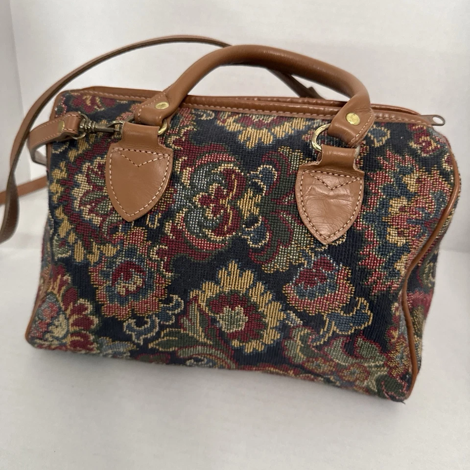 Vintage Talbots Purse Tapestry Leather Shoulder Handbag Floral Colorful Italy - Image 3 of 4