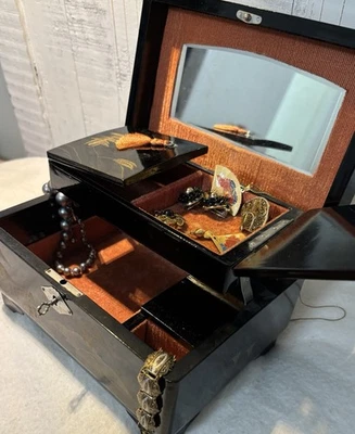 Vintage M.M. Japan Black Lacquer Musical Jewelry Box Key + Damascene Jewelry - Image 1 of 4