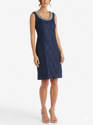 R & M Richards Sheath Dress 10 Navy Blue Allover Lace Beaded Embellished NWT