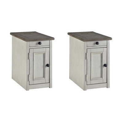 Bowery Hill Set of 2 Solid Wood End Tables with USB Ports in Gray & White