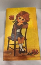 Vtg MCM 1960's Eve Big Eyes Girl on Chair Jewelry Storage Box Velvet Satin  