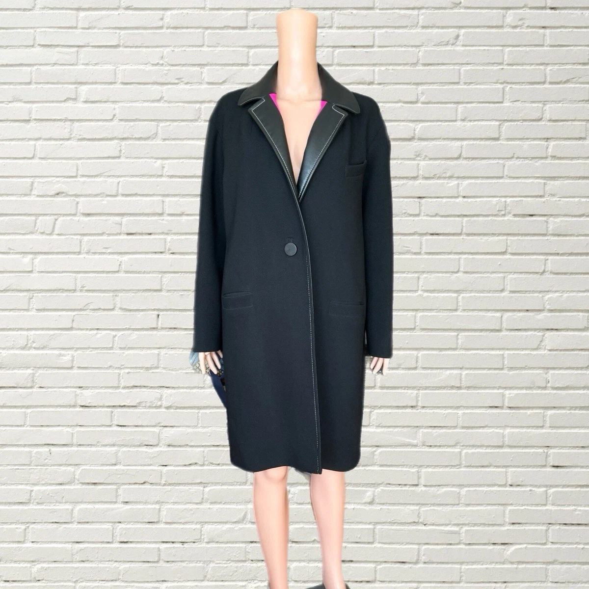 〈 Balenciaga 〉Vintage Wool Coat ＊ Vintage 2010s BALENCIAGA Black Wool Coat Hot Pink Lining Leather