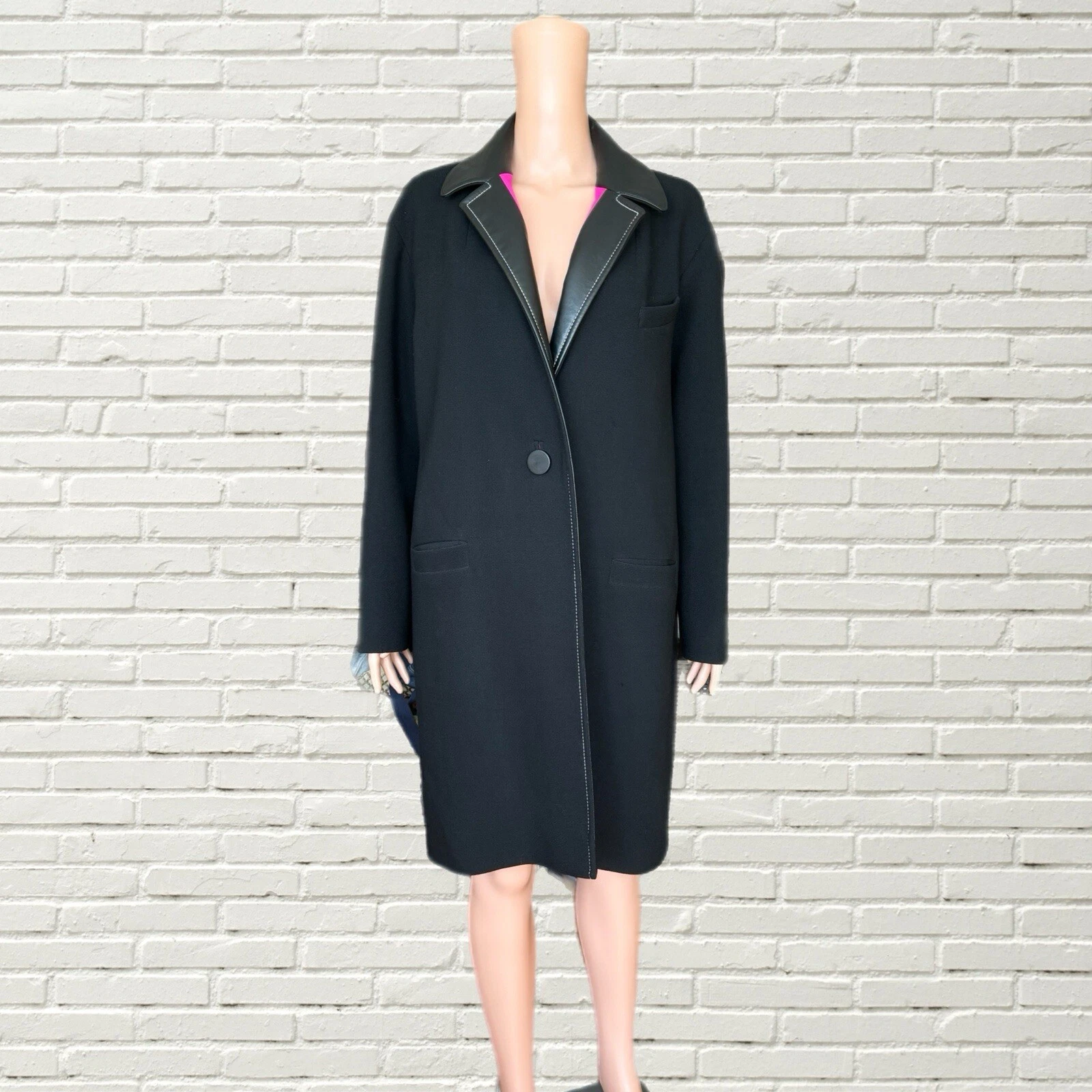 Cappotto lana nero BALENCIAGA vintage anni 2010 fodera rosa caldo bordo pelle