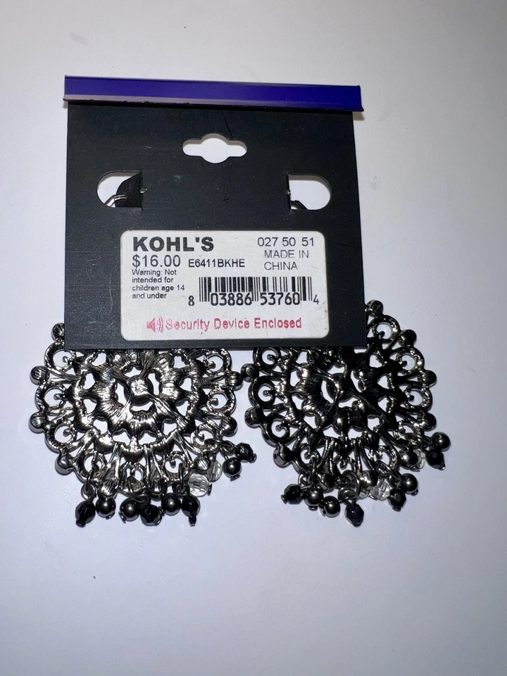Apt 9 Earrings Silver Tone Dangle Drop Ornate Black Rhinestones NEW 18p - Image 4 of 4