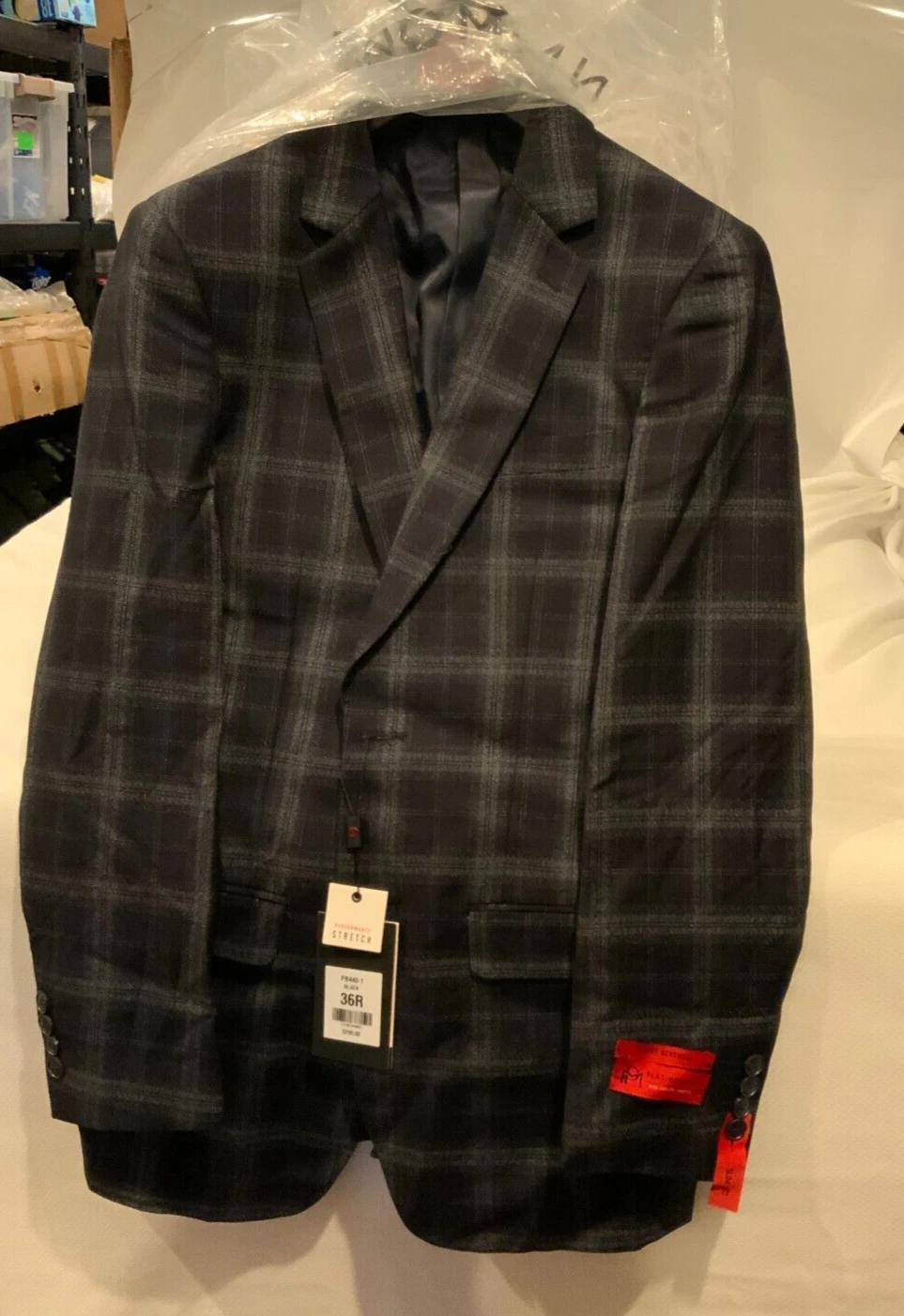 Platinomann Men's Slim Fit Plaid Blazer Jacket, Style# PB440-1, Size 36R, Black