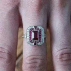 Art Deco Style Ruby & Lab Created Diamond Engagement Ring 14k White Gold Finish