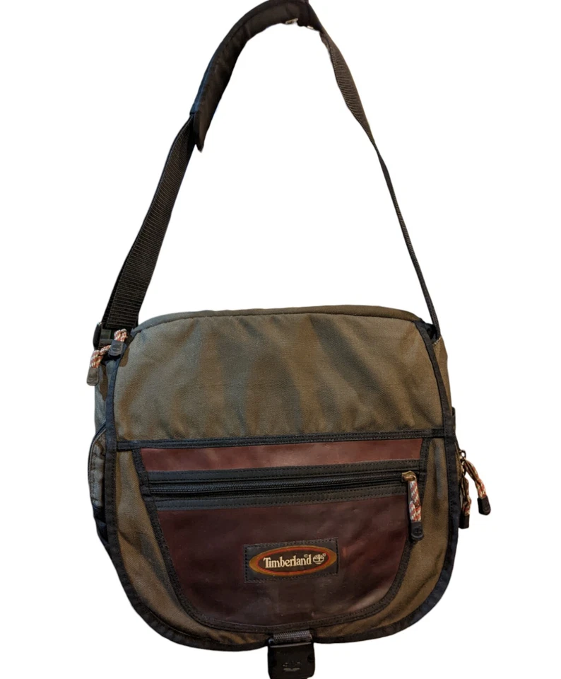 TIMBERLAND Brown Leather Army Green Canvas Lg Messenger Flap Briefcase Bag🌟RARE - Image 2 of 4