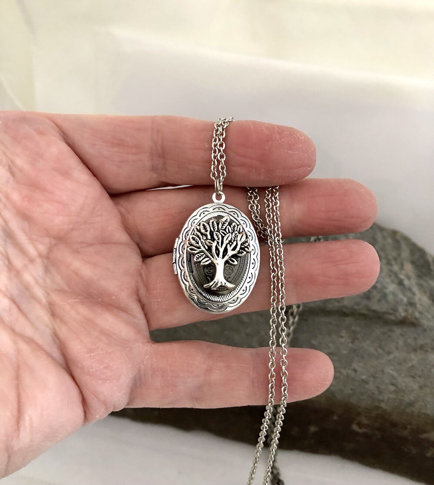 Tree Of Life Double Locket Necklace, Vintage Antique Silver Family Photo Pendant