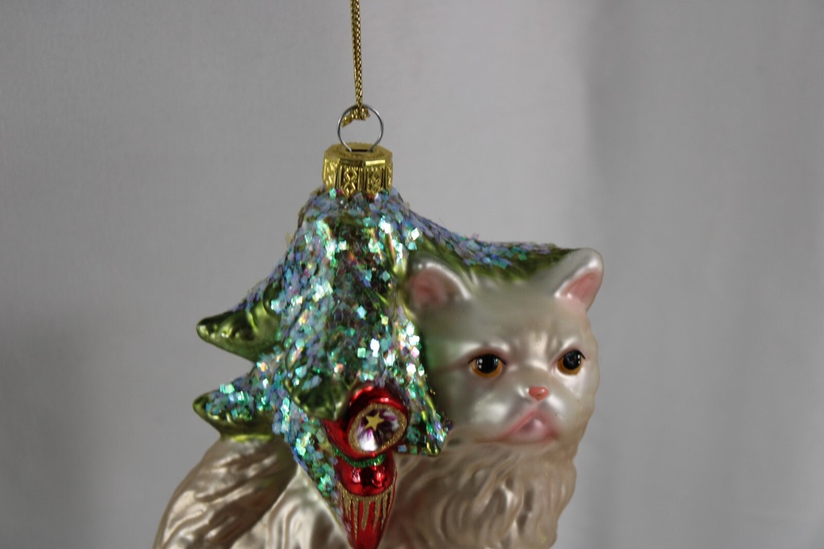 Large Cat Blown Glass Christmas Ornament Cat with Tree Dept 56