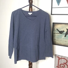 Purejill Women's S Petite Blue Striped V Neck Long Sleeve Shirt Center Pocket EC