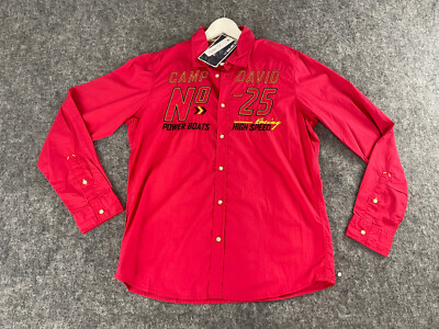 Camp David Shirt Mens Large Button Up Embroidered Red Long Sleeve N249