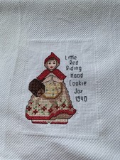 Little Red Riding Hood Cross-Stitched White Tea Towel 1940-Inspired Design
