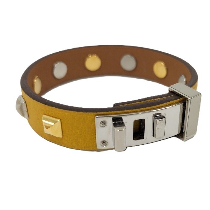 HERMES Mini Dog Crew Carre Leather Bracelet Yellow with Silver Hardware
