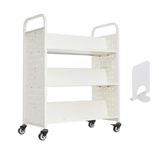 3-Tier Rolling Book Cart Double Sided W-Shaped Shelves Book Truck in White