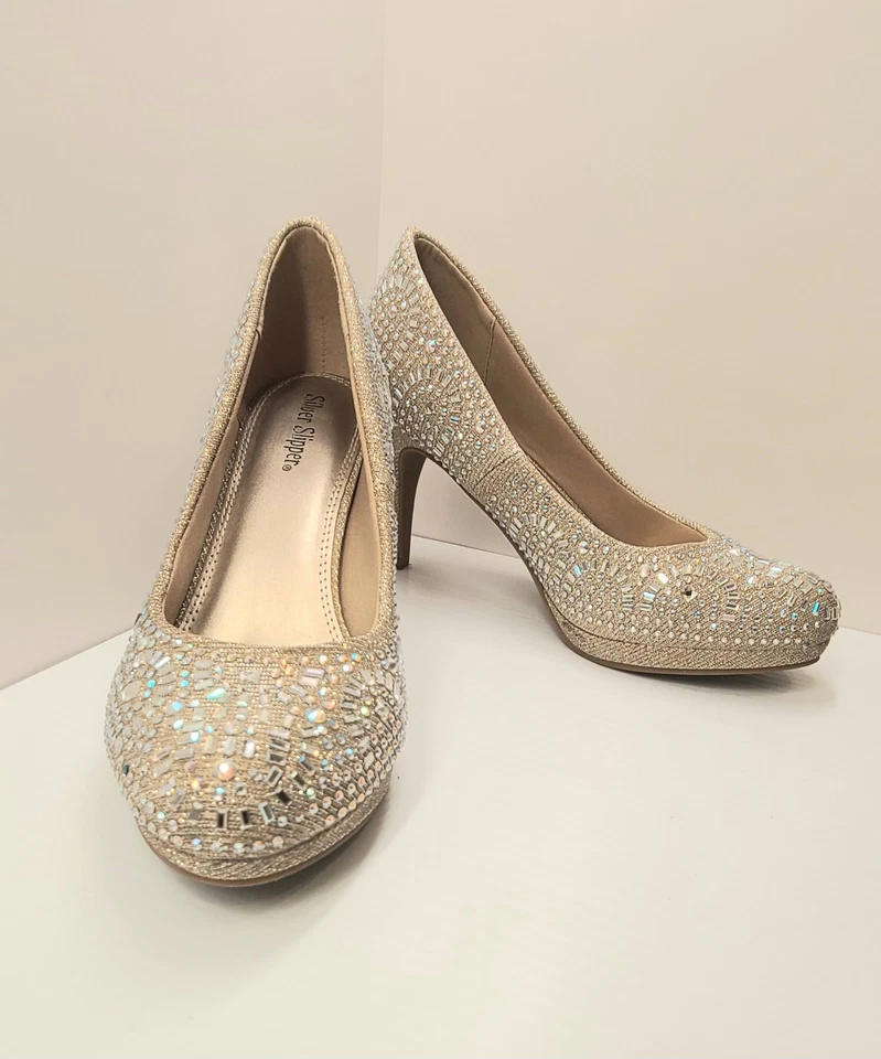 Women's Silver Slipper Sparkly Rhinestone Heel Closed Toe Pumps 7.5M Gold - Image 4 of 4