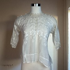 Vintage Early 1900s Top Edwardian Embroidered Floral Lace Button XS Ivory