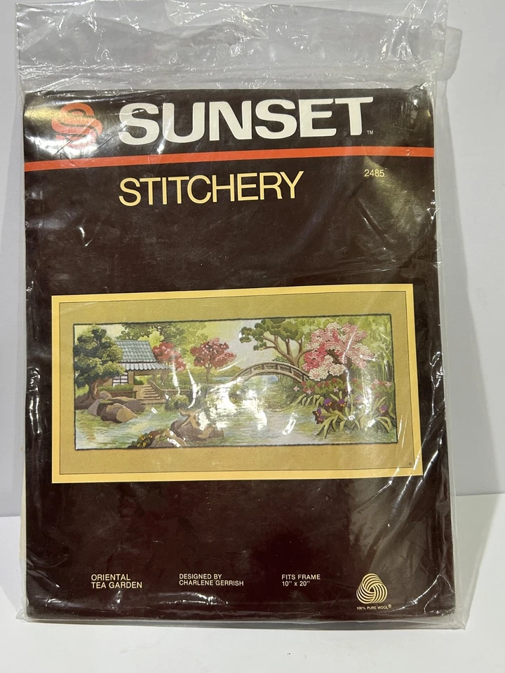 New VTG Sunset Stitchery Crewel Embroidery Kit Oriental Tea Garden #2485 1982 - Image 2 of 4
