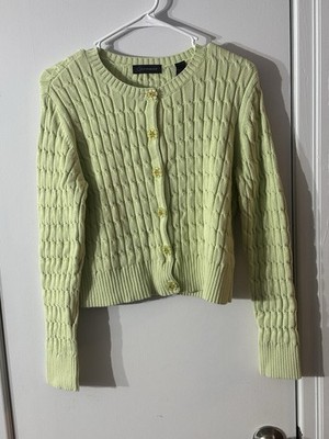 Light Green Cable Knit Cardigan W/ A Decorative Anemone Flower Button