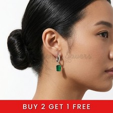 925 Sterling Silver Emerald Cut Green Crystal Hoop Drop UK Earrings