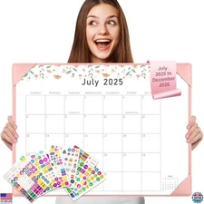 Large 2025-2026 Desk Calendar, 18-Month Planner, 22"x17", Pink with Stickers