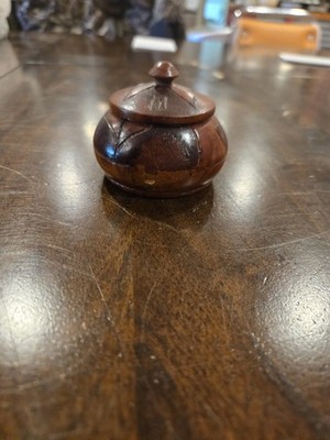 Vintage Hand Carved Wooden Trinket Bowl with Lid  Container Brown 2'' Tall Leaves