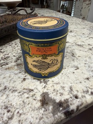Princeton Popcorn Co. Blue Advertising Tin Canister Container Corn Graphic 1950