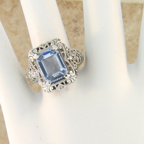 VICTORIAN STYLE 925 STERLING SILVER 4 Ct SIMULATED AQUAMARINE RING 343z - Picture 2 of 4