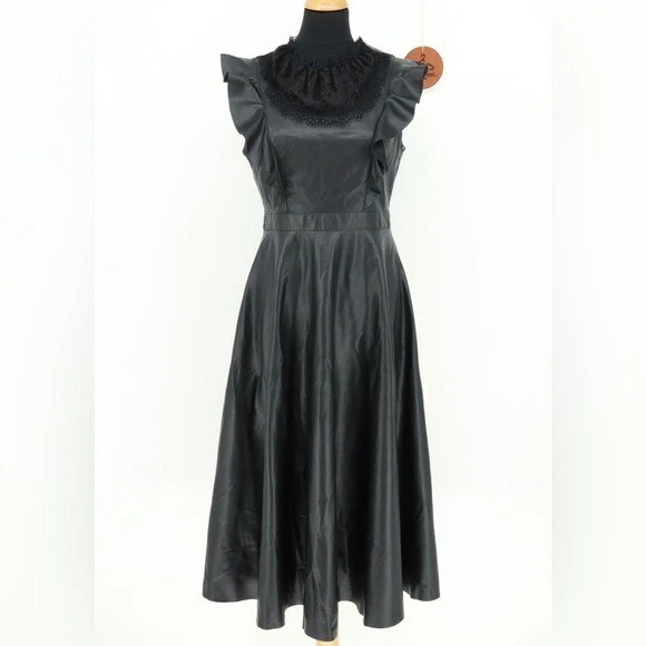 gracia faux leather armored sleeve dress Claret Vegan Leather and Lace Dress with Draped Sleeves main image 0