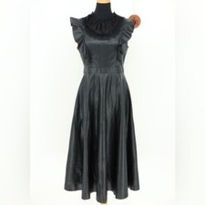 GRACIA Faux Leather Midi Dress NWT Size Medium Lace Bin Ruffle Sleeve A-Line