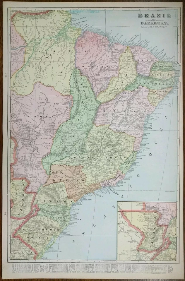 1901 BRAZIL PARAGUAY Map 14"x22" Old Antique Original RIO DE JANEIRO ASUNCION - Image 2 of 4