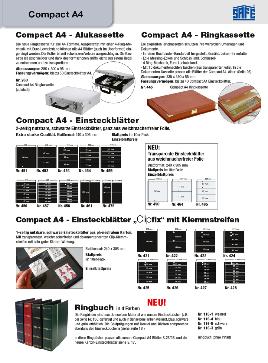 1-SAFE-452 Feuilles D'Insertion Noires A4 Compact 2 Cases 220x147mm