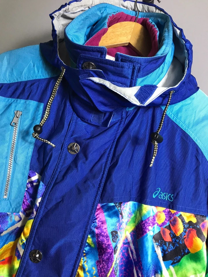 VTG 80'S ASICS SKI WEAR ABSTRACT JACKET MEN JAPAN BLUE Sz XL - Image 3 of 4