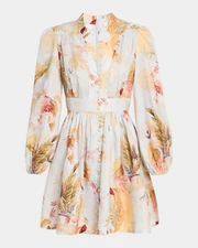 Zimmermann Ascension Floral Birds Linen Plunge Mini Dress Size 2 NWT