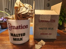 Vintage Carnation Malted Milk Advertising Milk Glass Jar Canister NEW IN BOX!